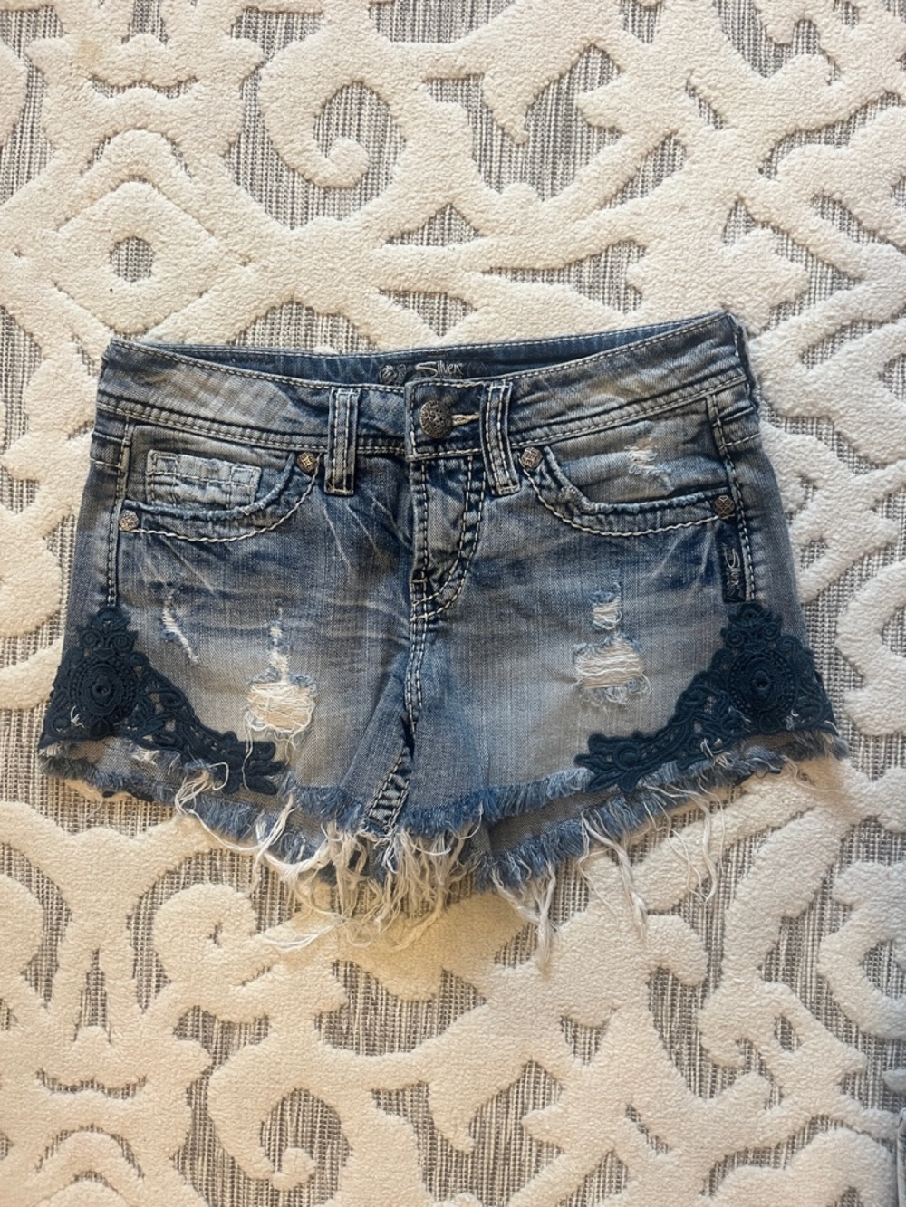 Silver Jeans Aiko Distressed Denim Shorts with Navy Crochet Trim